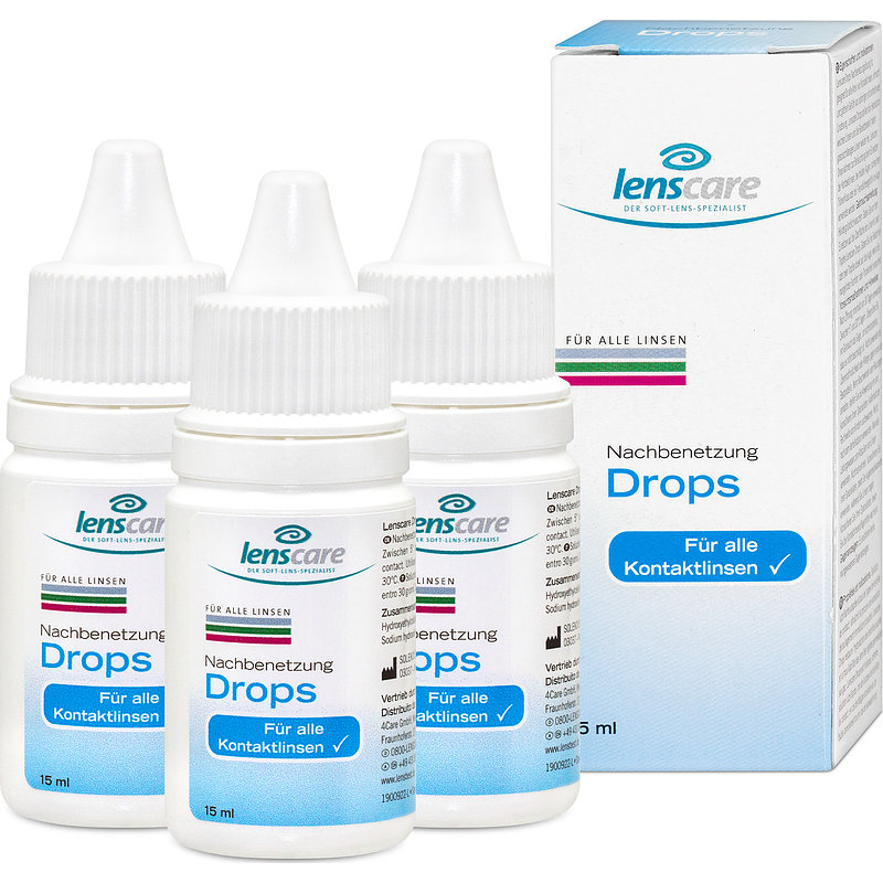 Drops 3er Set Lenscare Nachbenetzung Kontaktlinsen-Pflegemittel 3x15 ml