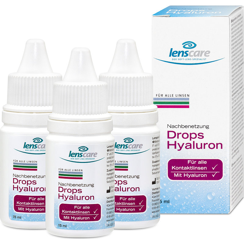 Drops Hyaluron 3er Set Lenscare Nachbenetzung Kontaktlinsen-Pflegemittel 3x15 ml